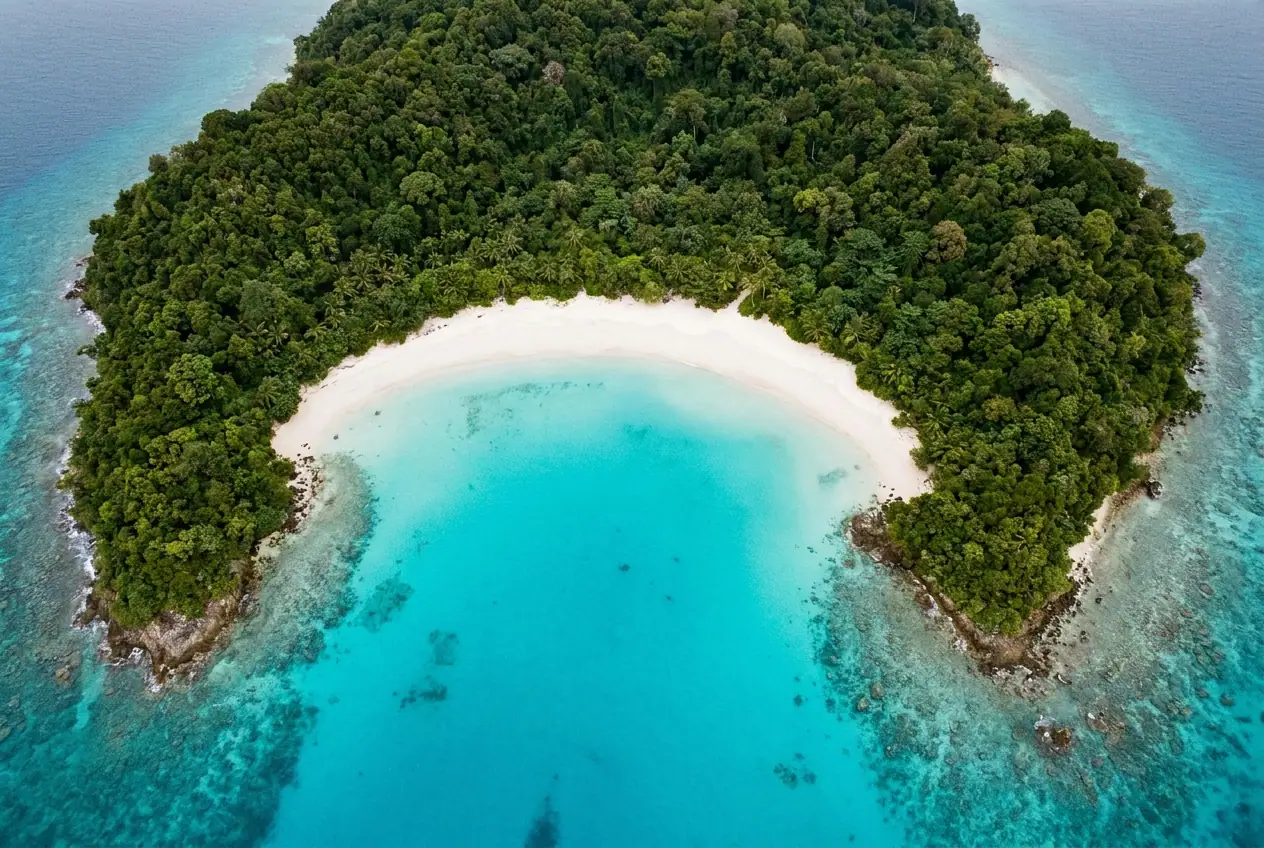 Aerial view of a secluded crescent beach and turquoise lagoon on a remote Andaman island