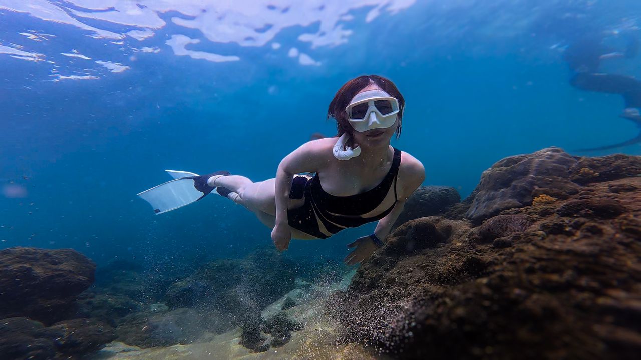 Services Explore serene underwater world with a woman snorkeling near vibrant coral reefs.